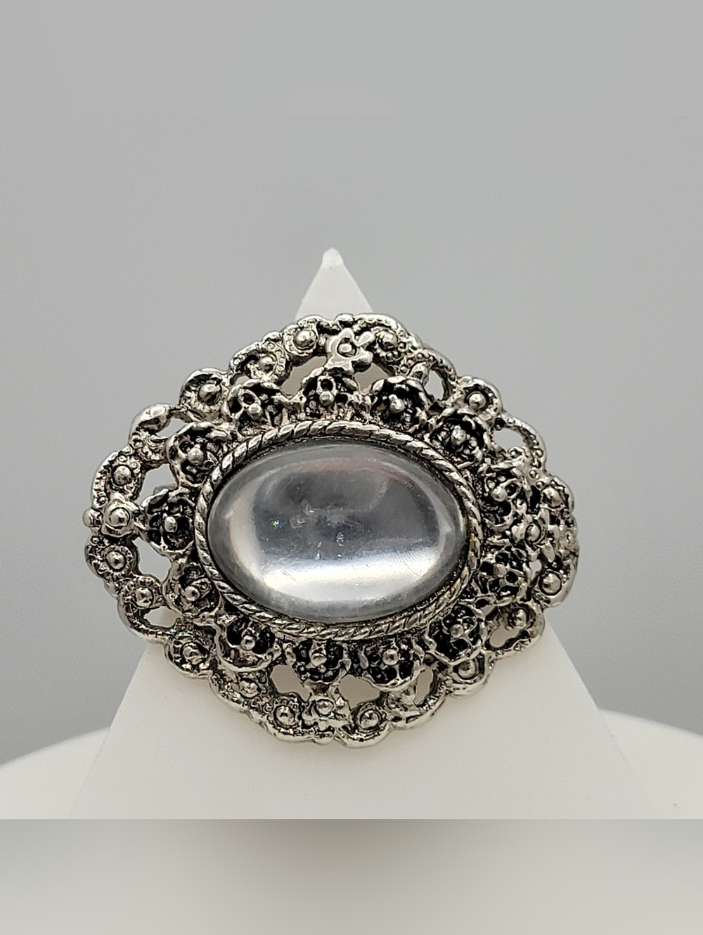 Vintage 1950s Silver Filigree Oval Brooch Mirror Cabochon Costume Pin
